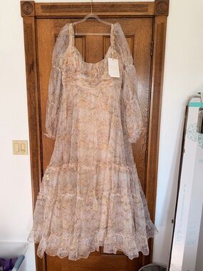 Mac Duggal Sheer Floral Tiered Maxi Dress in Beige and Gold